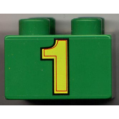 green duplo brick 2 x 2 with number 1 yellow pattern