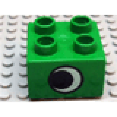 green duplo brick 2 x 2 with eye without white spot pattern on two sides