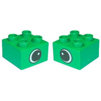 green duplo brick 2 x 2 with black and white eye with spot pattern on opposite sides