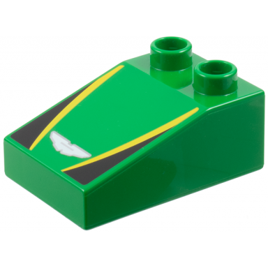 green duplo brick 3 x 2 slope 33 with silver and white aston martin logo yellow stripes black triangles pattern