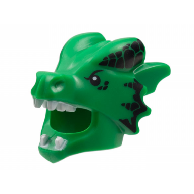 green minifigure headgear head cover costume dragon with black eyes and scales white teeth pattern