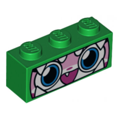 green brick 1 x 3 with cat face wide eyes smiling open mouth with one tooth green dinosaur mask with white teeth pattern dinosaur unikitty