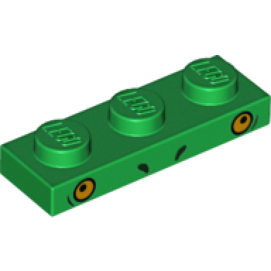 green plate 1 x 3 with 2 small black arcs and 2 orange eyeballs dinosaur unikitty pattern