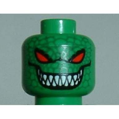 green minifigure head alien with red eyes grin with sharp teeth reptile scales pattern
