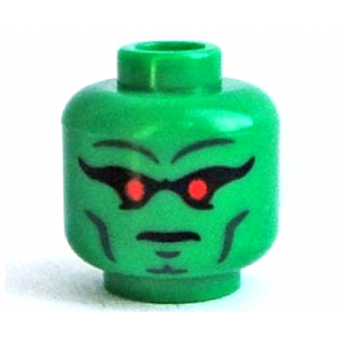 green minifigure head alien with red eyes black eye shadow dark bluish gray eyebrows cheek lines and chin dimple stern pattern