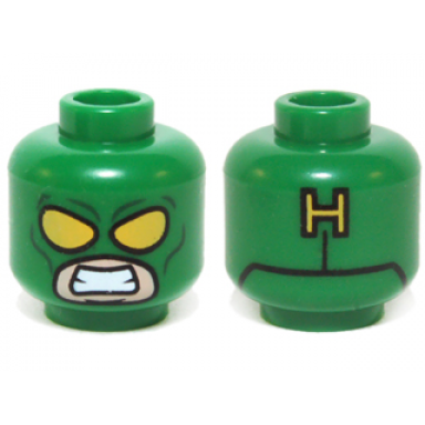 green minifigure head mask with yellow eyes and bared teeth and yellow h on back pattern