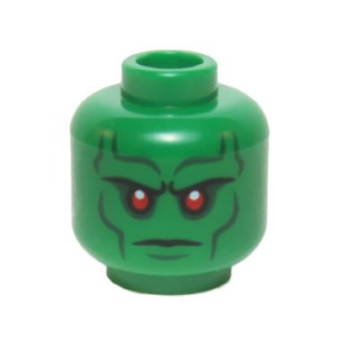 green minifigure head alien with red eyes dark bluish gray eye shadow eyebrows cheek lines and chin dimple pattern martian manhunter