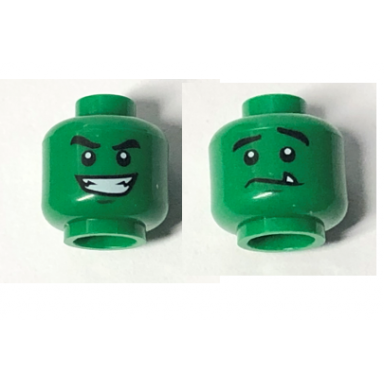 green minifigure head dual sided black eyebrows white pupils wide smile nervous with tooth pattern beast boy