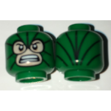 green minifigure head balaclava light nougat face with bared teeth and black lines pattern