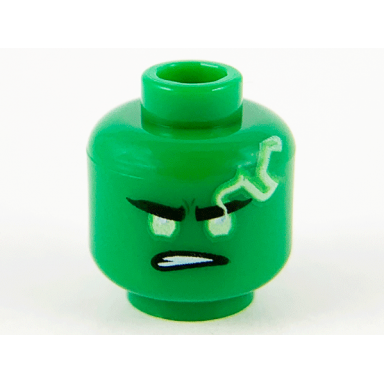 green minifigure head yellowish green eyes and spinjitzu burst electricity with lopsided frown pattern lloyd