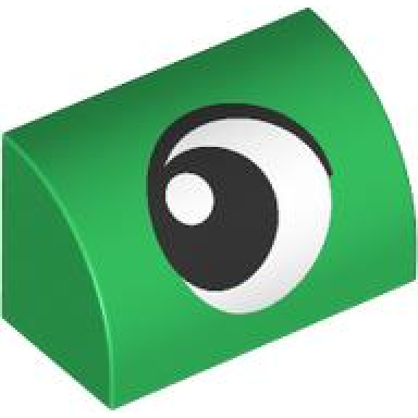 green slope curved 1 x 2 with black and white eye looking right pattern