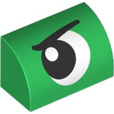 green slope curved 1 x 2 with black and white eye looking right with eyebrow pattern