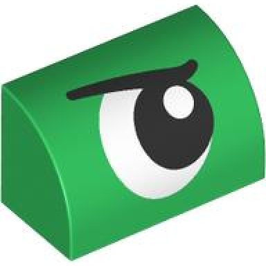 green slope curved 1 x 2 with black and white eye looking left with eyebrow pattern