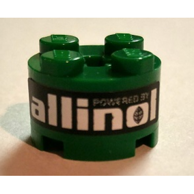 green brick round 2 x 2 with axle hole with white powered by allinol on black background pattern sticker - set 8206