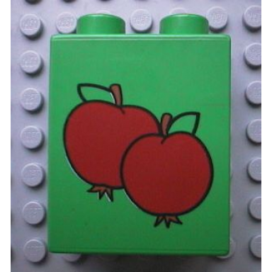 green duplo brick 1 x 2 x 2 with 2 apples pattern