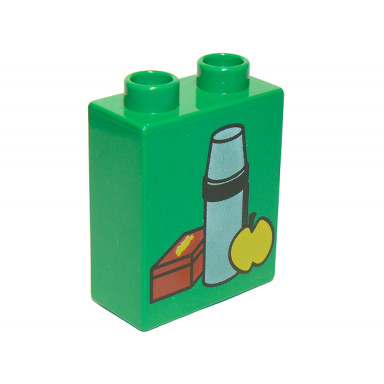 green duplo brick 1 x 2 x 2 with lunch box thermos and apple pattern