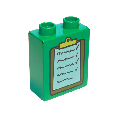 green duplo brick 1 x 2 x 2 with clipboard pattern