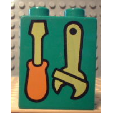 green duplo brick 1 x 2 x 2 with screwdriver and wrench pattern