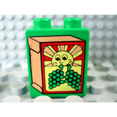 green duplo brick 1 x 2 x 2 with box with sun and grapes pattern