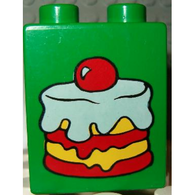 green duplo brick 1 x 2 x 2 with cake topped with cherry pattern