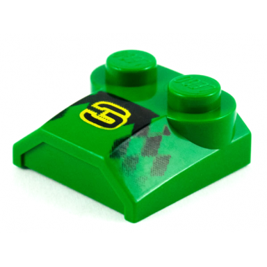 green slope curved 2 x 2 x 2 3 with 2 studs and curved sides lip end with black stylized number 3 and checkered pattern