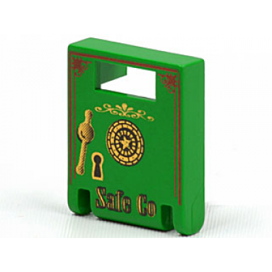 green container box 2 x 2 x 2 door with slot with black and gold dial handle key hole and safe co pattern