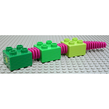 green duplo figure body animal 2 x 2 brick with magenta flexible spine segments and additional bright green and lime 2 x 2 bricks