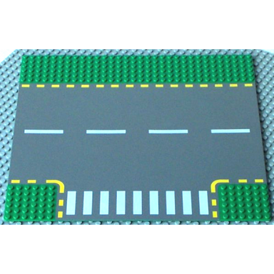 green baseplate road 32 x 32 6-stud t intersection with dark gray road yellow dashed lines and crosswalk pattern