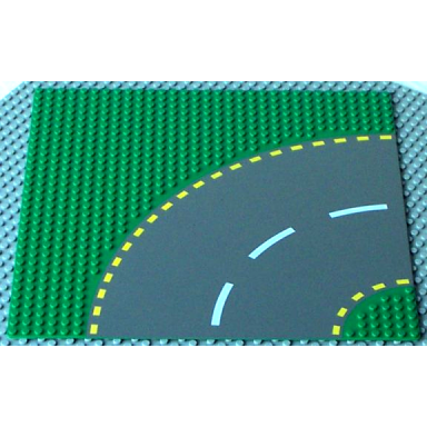 green baseplate road 32 x 32 6-stud curve with dark gray road with yellow dashed lines pattern