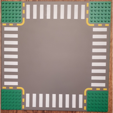 green baseplate road 32 x 32 6-stud crossroad with dark gray road yellow dashed lines and white crosswalks pattern