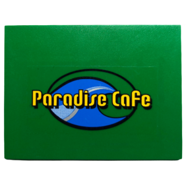 green slope 10 6 x 8 with yellow paradise cafe over blue wave in oval pattern sticker - set 4644