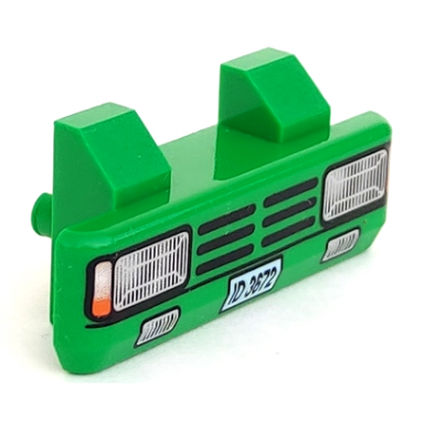 green vehicle grille 2 x 6 with 2 technic pins with id 3672 and headlights pattern