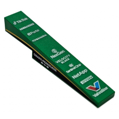 green slope 10 6 x 1 with black and yellow curve with white girard-perregaux on side red and blue valvoline tiktok bombardier porto fly-saudia nexgen velocity black sentinel one netapp and pirelli logos pattern