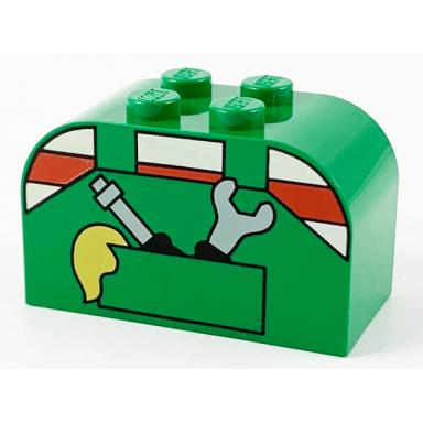 green slope curved 4 x 2 x 2 double with 4 studs with overalls and tools in pocket pattern