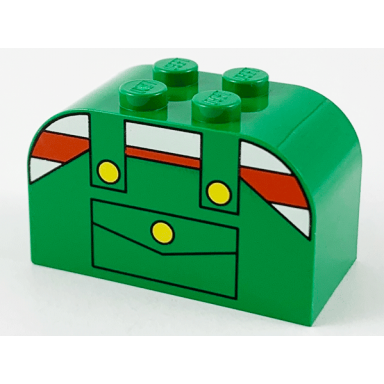 green slope curved 4 x 2 x 2 double with 4 studs with overalls with pocket and yellow buttons over shirt with red and white stripes pattern