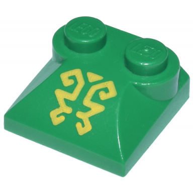 green slope curved 2 x 2 x 2 3 with 2 studs and curved sides with ornate yellow lines pattern