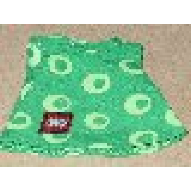 green duplo doll cloth dress with white circles pattern