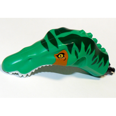 green dinosaur head baryonyx with pin white teeth dark green stripes pattern