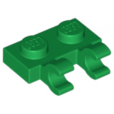 green plate modified 1 x 2 with 2 open o clips horizontal grip