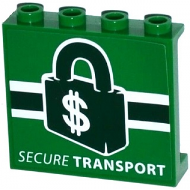 green panel 1 x 4 x 3 with side supports - hollow studs with secure transport and dark green lock with $ dollar sign pattern sticker - set 76015