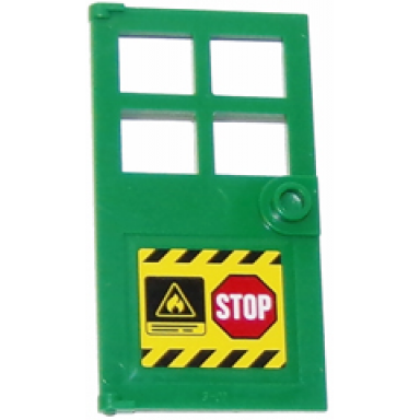 green door 1 x 4 x 6 with 4 panes and stud handle with stop sign fire danger triangle and black and yellow danger stripes pattern sticker - set 60112