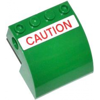 green slope curved 4 x 4 x 2 with 4 studs and pin holes with red caution on white background pattern sticker - set 70805