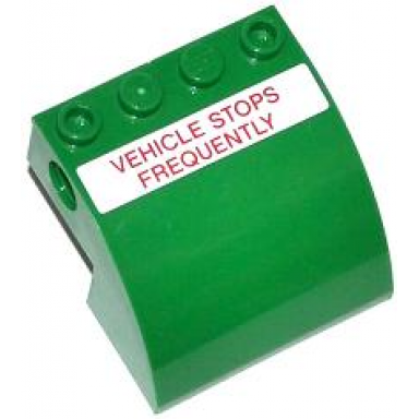 green slope curved 4 x 4 x 2 with 4 studs and pin holes with red vehicle stops frequently on white background pattern sticker - set 70805