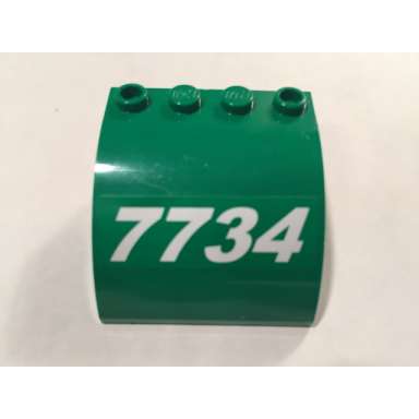 green slope curved 4 x 4 x 2 with 4 studs and pin holes with white slanting 7734 pattern model left side sticker - set 7734