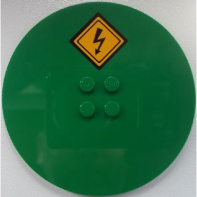 green tile round 8 x 8 with 4 studs in center with electricity danger sign pattern sticker - set 60052