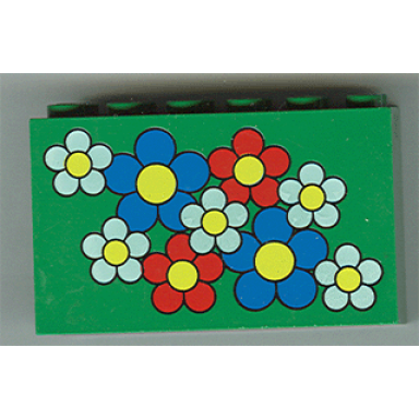 green brick 2 x 6 x 3 with blue red and white flowers with yellow centers pattern