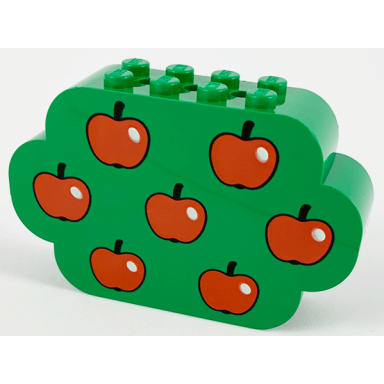 green slope curved 8 x 2 x 4 triple with 8 studs with red apples pattern
