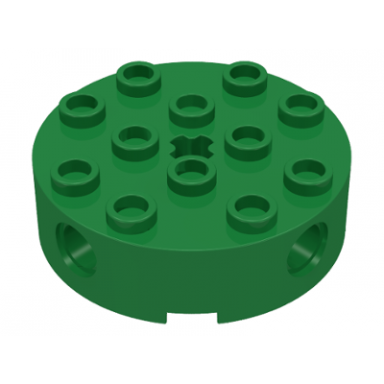 green brick round 4 x 4 with 4 side pin holes and center axle hole