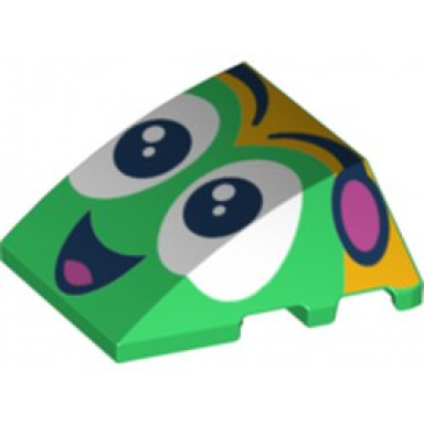 green wedge 4 x 3 triple curved no studs with black and white eyes dark pink antennae open mouth smile with tongue pattern
