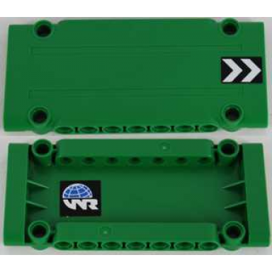 green technic panel plate 5 x 11 x 1 with black and white chevrons on outside and globe and white wr world racers logo on inside left pattern stickers - set 8864
